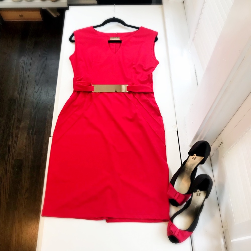 Red midi dress with cut out and gold details NWOT